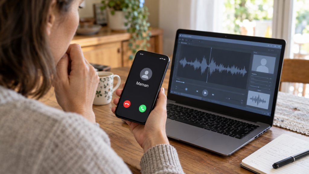 Téléphone affichant un appel de Maman à côté d’un ordinateur présentant une onde audio.