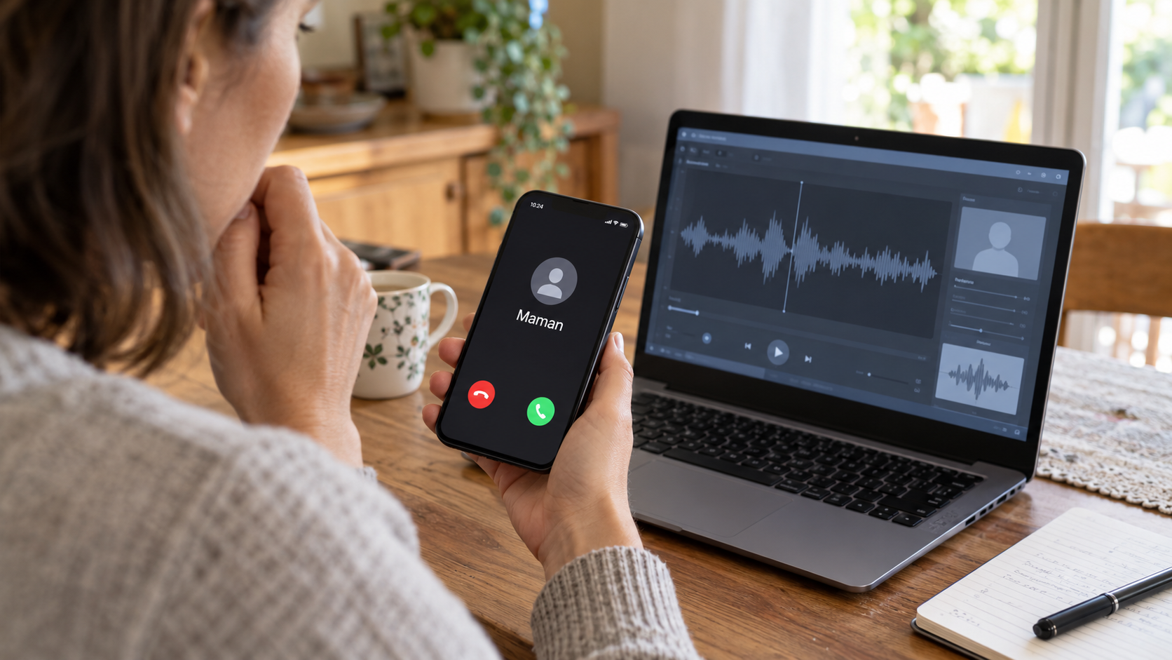 Téléphone affichant un appel de Maman à côté d’un ordinateur présentant une onde audio.