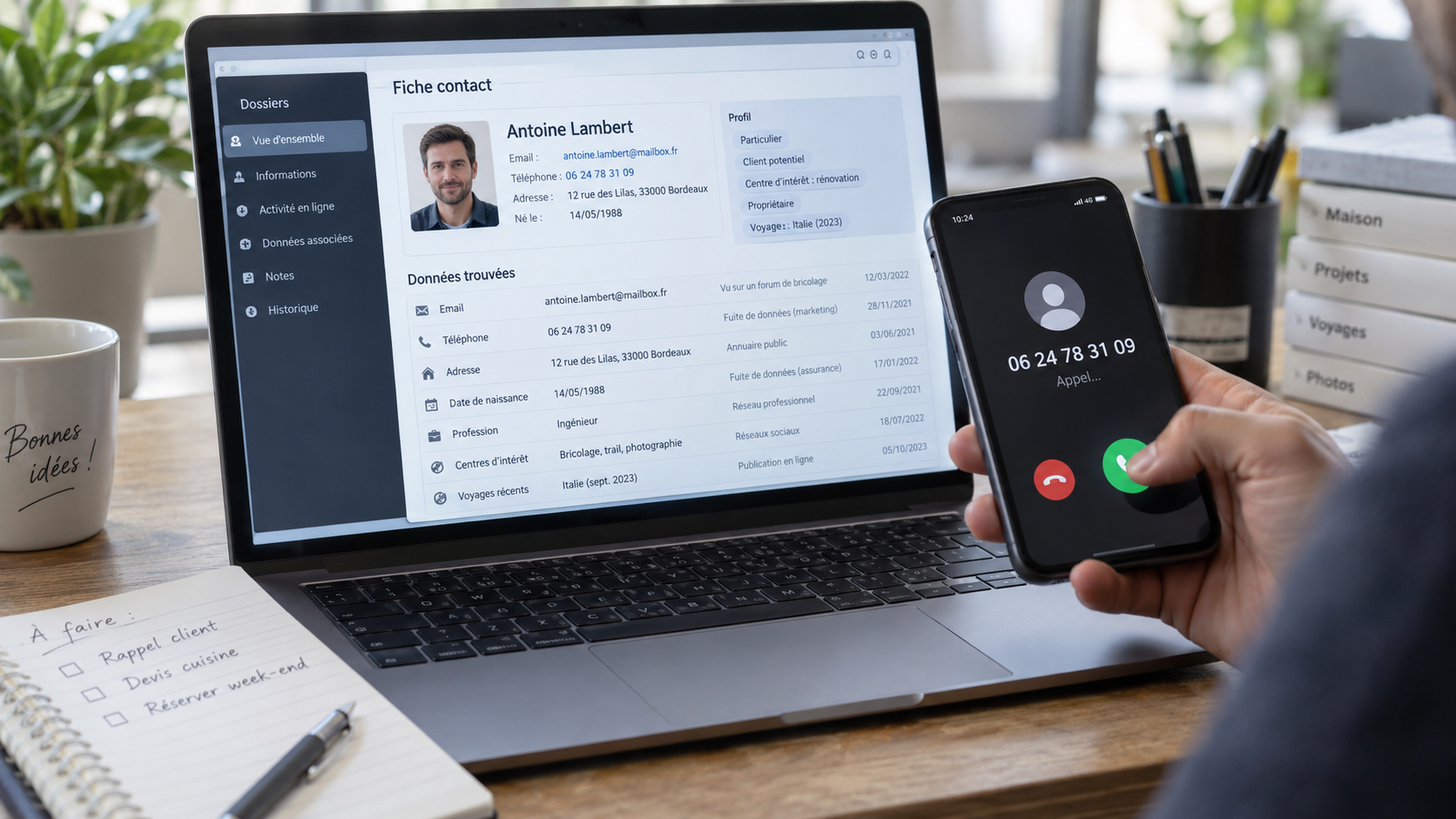 Dossier de données personnelles affiché sur un ordinateur avant un appel téléphonique.