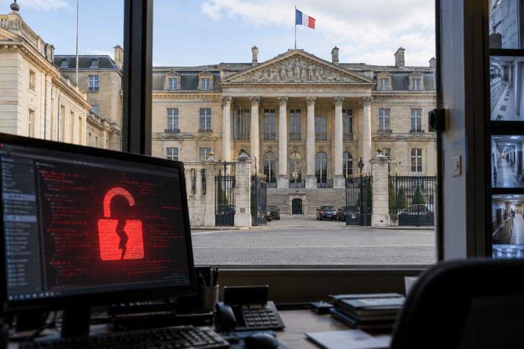Bâtiment institutionnel français et écran affichant une alerte de piratage informatique