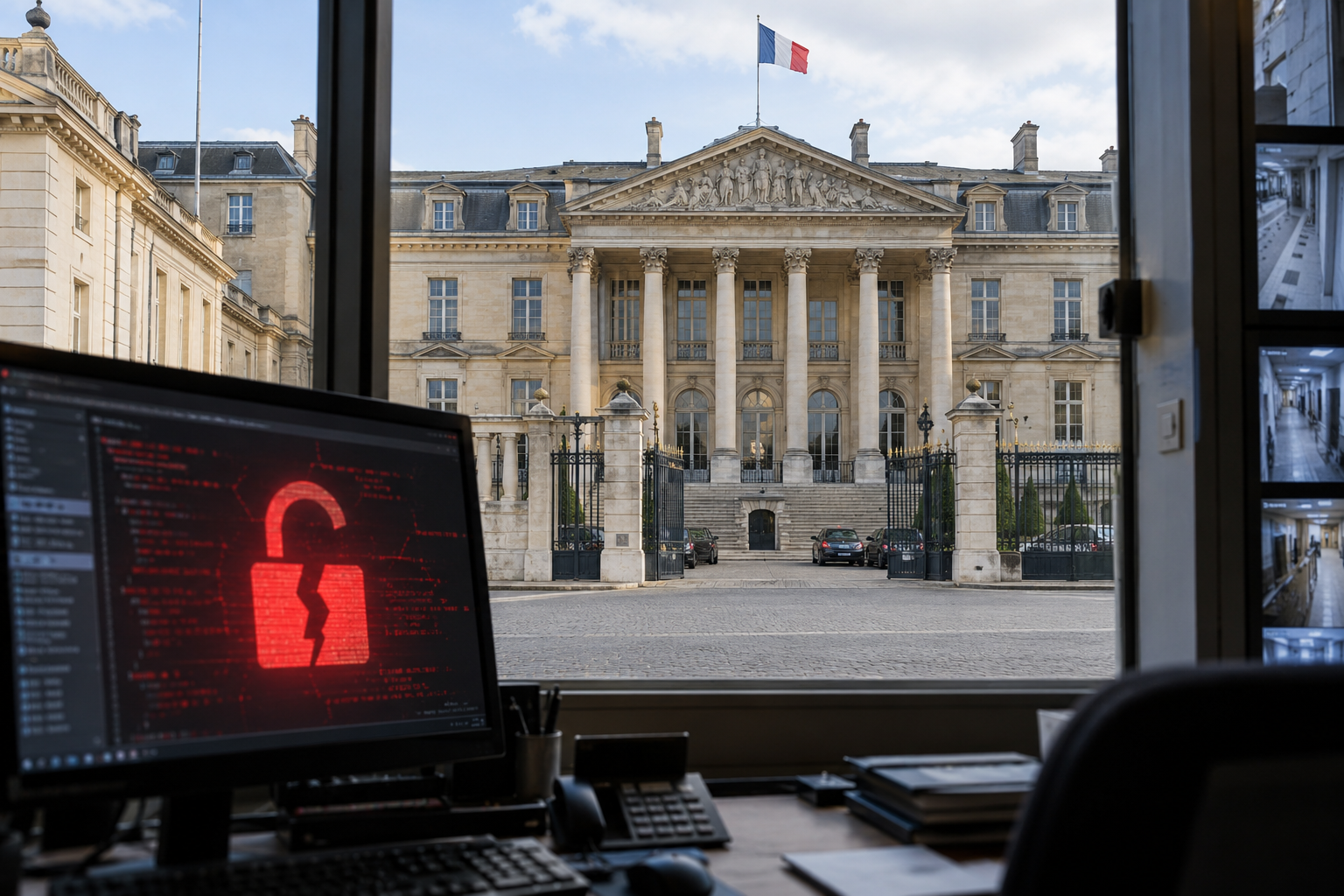 Institution publique et piratage informatique Bâtiment institutionnel français et écran affichant une alerte de piratage informatique