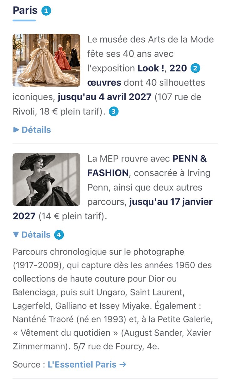 Capture d’un vrai Daily News dans Mail sur iPhone : rubrique Paris, deux informations avec mots-clés en gras et un menu Détails ouvert montrant le contenu d’origine et sa source.