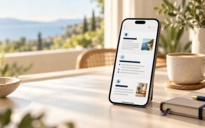 Un smartphone posé sur une table en terrasse, affichant un récap de newsletters organisé par rubriques, à côté d’un café et d’un carnet.