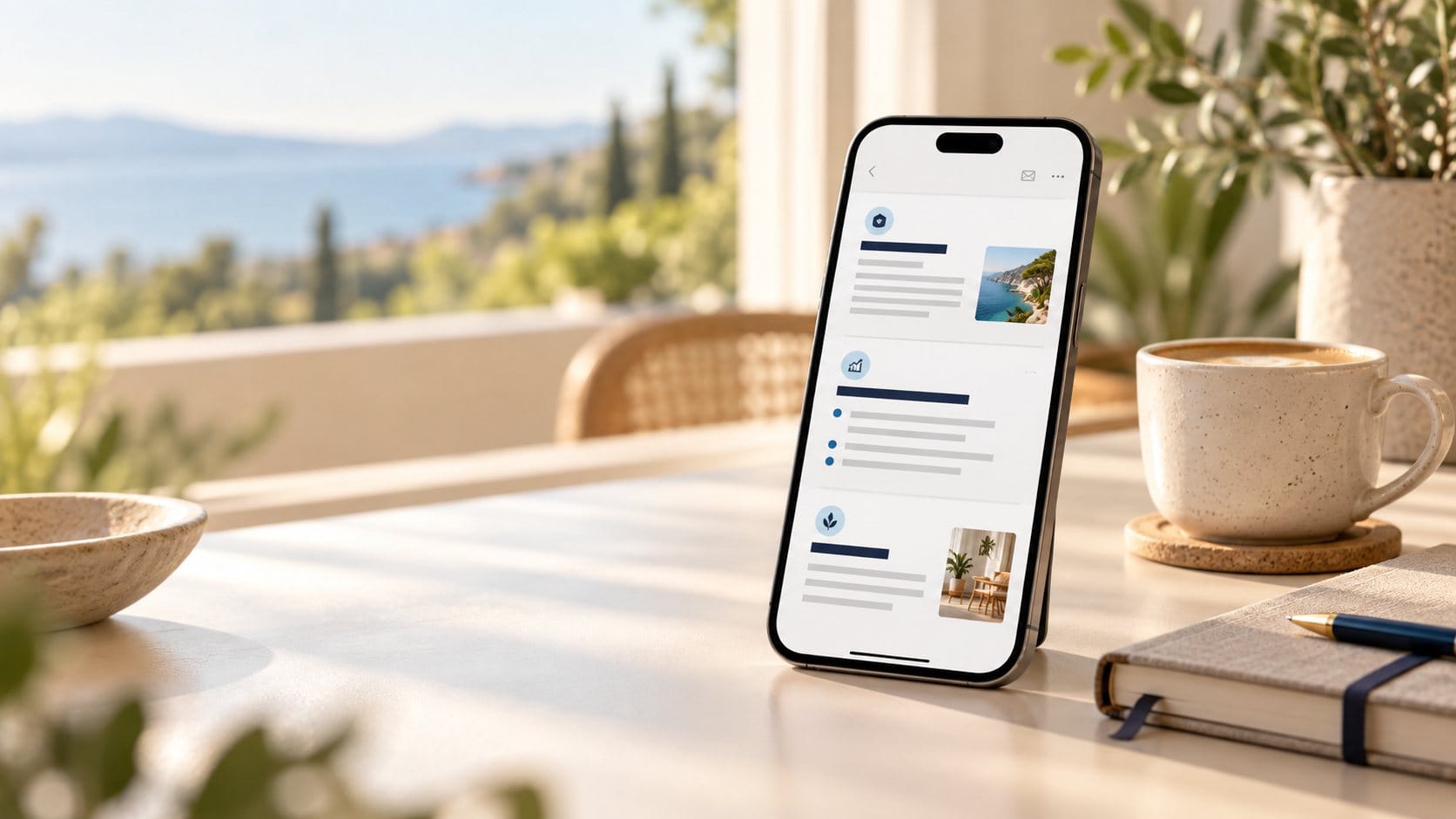 Daily News : le récap de newsletters sur téléphone Un smartphone posé sur une table en terrasse, affichant un récap de newsletters organisé par rubriques, à côté d’un café et d’un carnet.