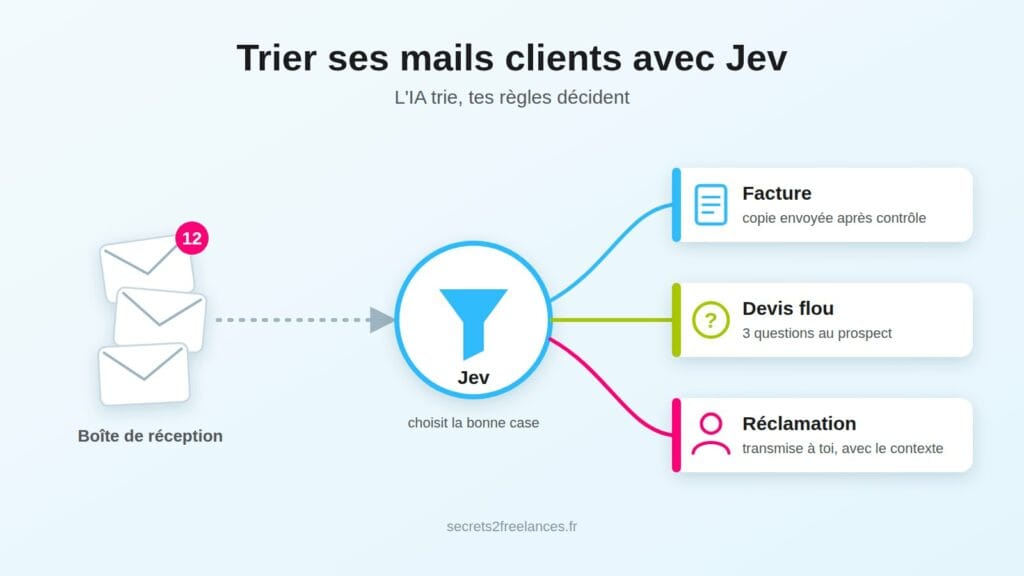 Schéma : des mails clients triés par Jev en facture, devis et réclamation