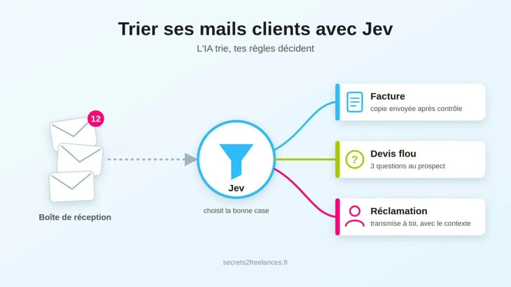 Schéma : des mails clients triés par Jev en facture, devis et réclamation