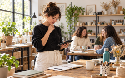 Une organisatrice utilise une calculatrice devant son carnet pendant un atelier créatif.