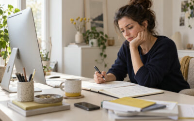 Une entrepreneure examine ses notes pour préparer une nouvelle proposition