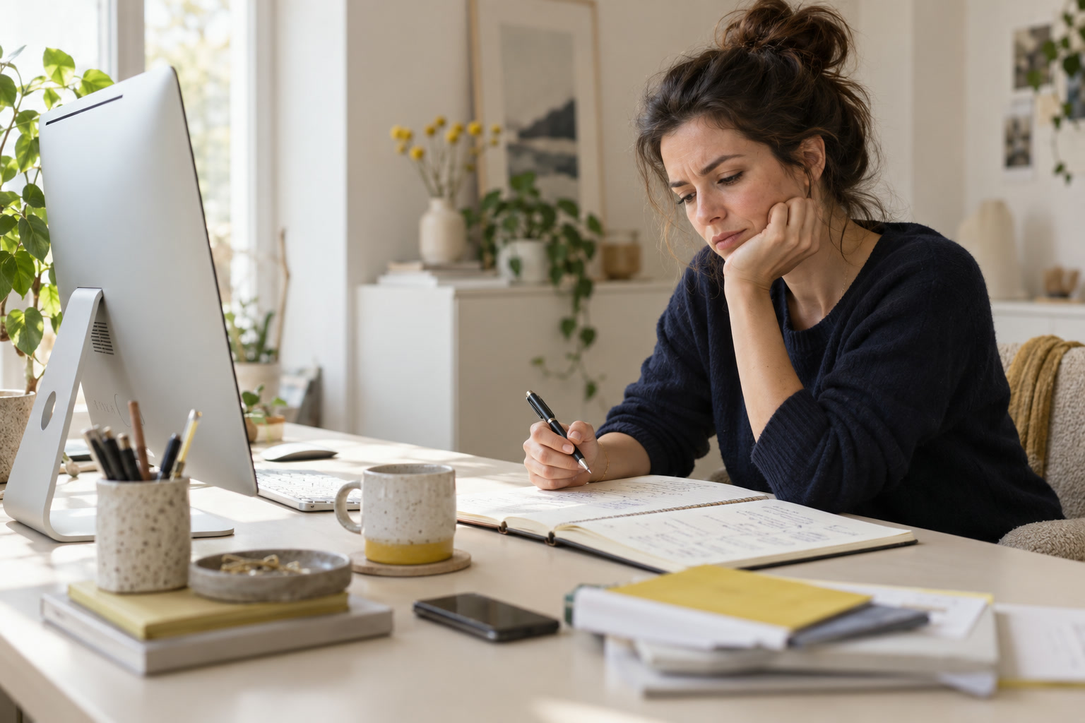 Une entrepreneure examine ses notes pour préparer une nouvelle proposition